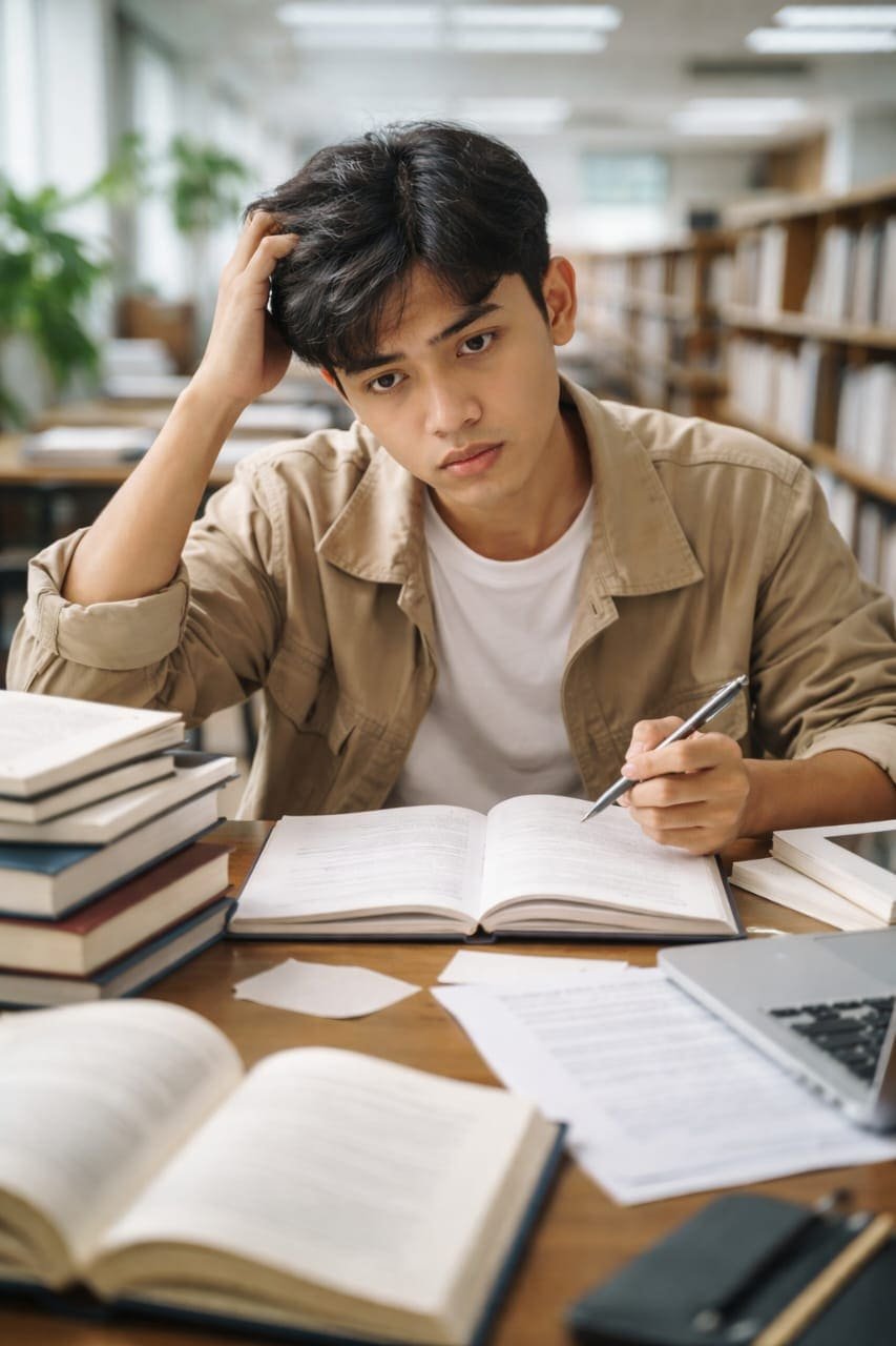 Mahasiswa menyusun skripsi dengan laptop dan buku referensi